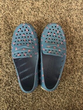 Blue Floafers with Pink Flamingo Print, kids size 12